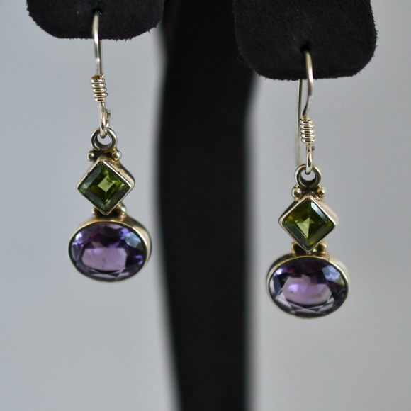 Sterling Silver Peridot/Amethyst Earrings - Picture 1 of 4